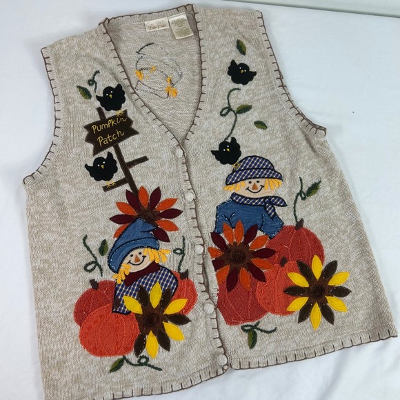 Vintage Bobbie Brooks Fall Sweater Vest Pumpkin Patch Scarecrow Black Birds L - Picture 1 of 11